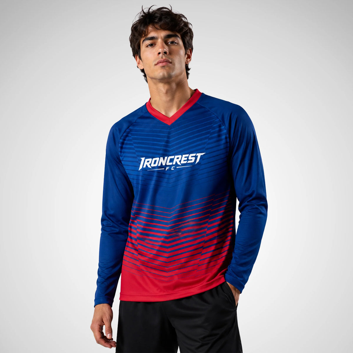 Sublimated Long Sleeve Raglan Soccer Jersey — on model