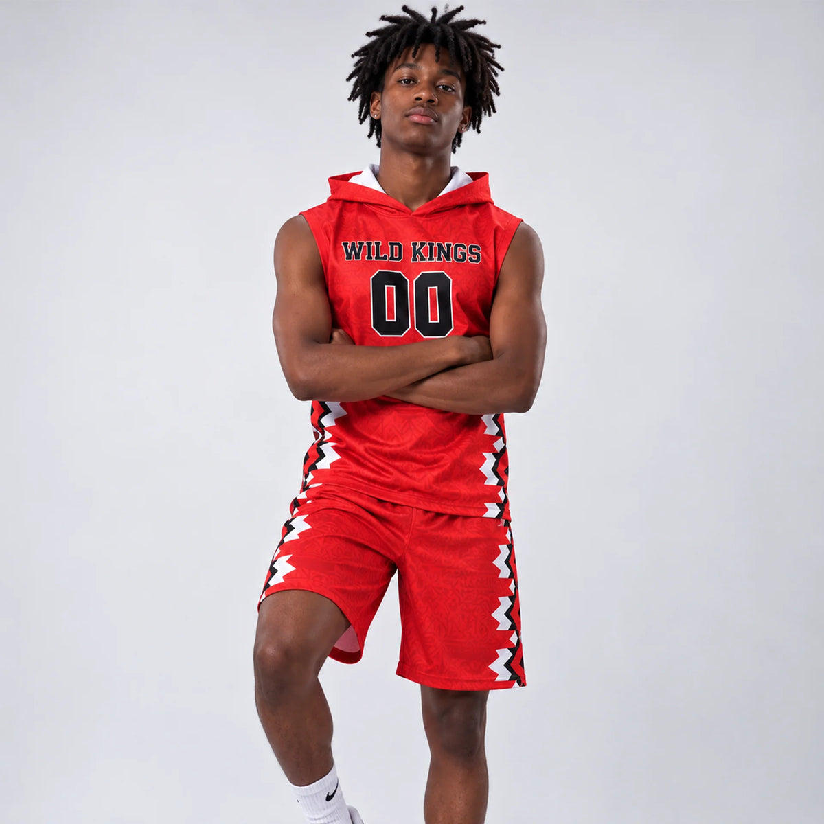 Sublimated Sleeveless Hooded 7-on-7 Jersey — on model